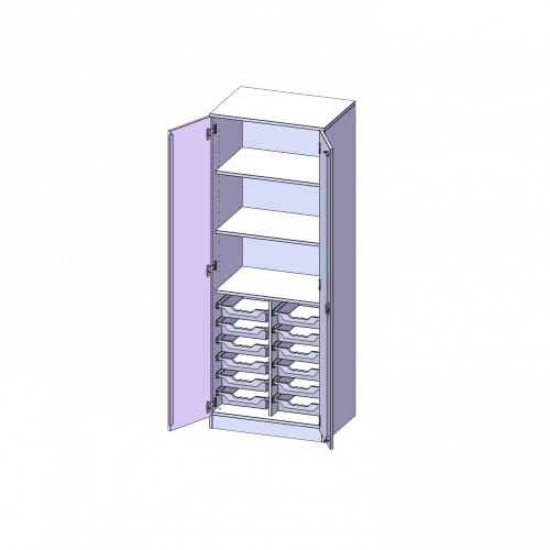 ErgoTray Schrank, zweireihig, 5 Ordnerhöhen - evo180 Serie B/H/T: 70,3x190x50 cm, zweitürig, mit Sockel (81 mm), mit 12 flachen ErgoTray Boxen