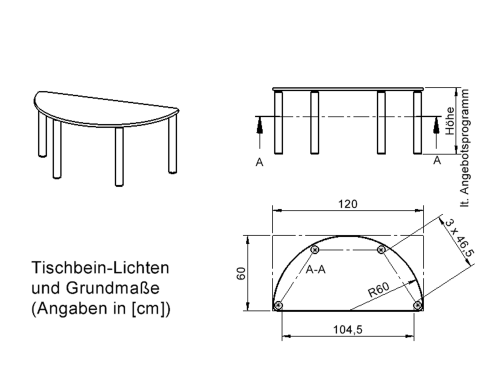 Tisch ZALOTTI mit Schichtstoff-Belag Halbrundtisch, B/H/T: 120x46x60 cm, Stahlrohrbeine Ø 60 mm, Fußvariante: fahrbar, Tischbeine mit RAL-Farbe 9006 (weißaluminium)