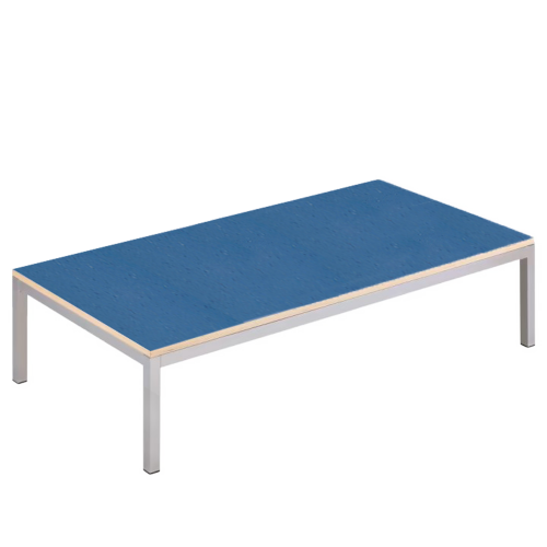 Riesenpodest mit Stahlgestell und Linoleum-Deckplatte H/T: 40x99,5 cm, Podestplatte mit Stahlgestell, Breite wählbar, Tischbeine mit RAL-Farbe 9006 (weißaluminium)