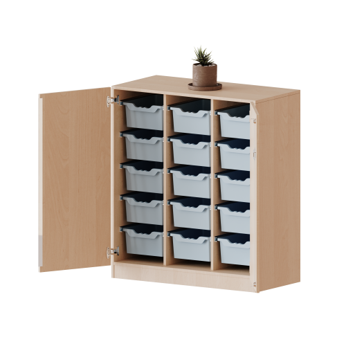 ErgoTray Schrank, dreireihig, 3 Ordnerhöhen - evo180 Serie B/H/T: 104,5x118x50 cm, zweitürig, mit Möbelstellfüßen, mit 15 hohen ErgoTray Boxen
