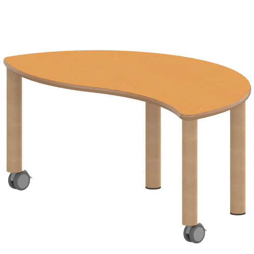 Tisch ZALOTTI mit Linoleum-Belag Halbrund-Wellentisch, B/H/T: 120x41x60 cm, Massivholzbeine Ø 60 mm, Fußvariante: fahrbar