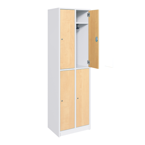 Spindschränke mit Hutboden und Garderobenhaken B/H/T: 66x190x50 cm, 2reihiger Schließfachschrank, 4 Türen, verschieden schließend, feuerhemmendes Material - Dekor Buche