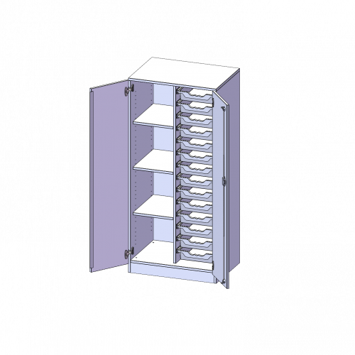 ErgoTray Schrank, zweireihig, 4 Ordnerhöhen - evo180 Serie B/H/T: 70,3x154x50 cm, zweitürig, mit Sockel (81 mm), mit 14 flachen ErgoTray Boxen