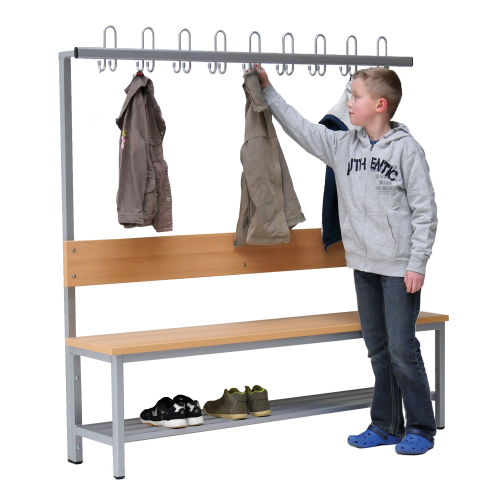 Umkleidebank einseitig mit Sitzfläche Melamin und Hakenleiste B/H/T: 150x45/155x38 cm, Sitzbank aus feuerhemmendem Material mit Schuhrost und Garderobenleiste mit Dreifachhaken