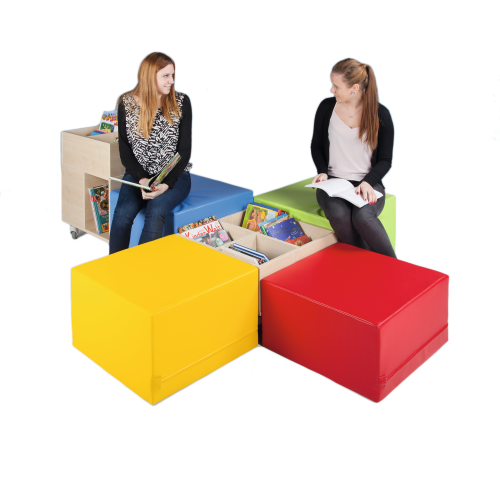 cuBe Bücherinsel "XL" 6-teilig Bücherinsel "XL" mit hoher und flacher Bücherkiste fahrbar und 4 Sitzhockern