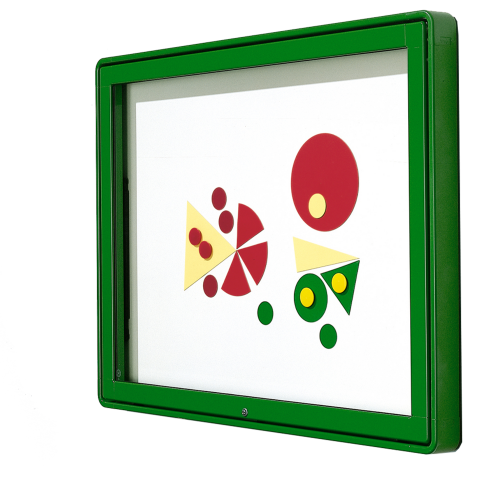 Vitrine W7 mit Klapptür zur Wandmontage B/H/T: 107x82x13 cm, Rückwand Lederstruktur auf Kork