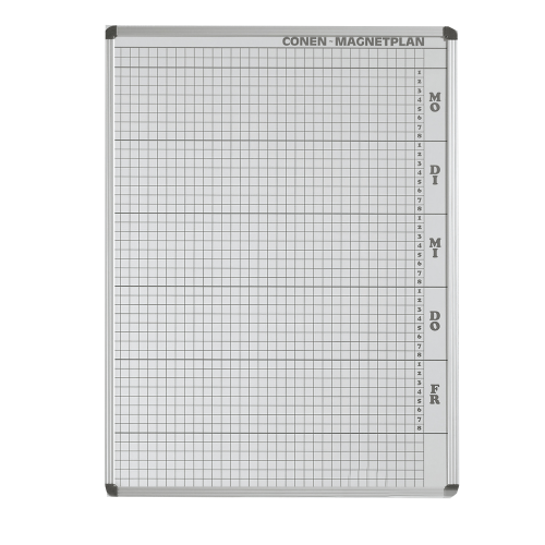 Plantafel mit Personalplan und Stundenraster aus beschreibbarer Premium Stahlemaille, weiß B/H: 77x103 cm, 8 Stunden, 33 Mitarbeiter