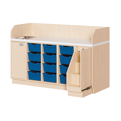 Wickelkommode, vierreihig zuzüglich Waschbecken B/H/T: 179x113x71,5 cm, Ausziehbarer Aufstieg rechts, 12 Boxen und Waschbecken links