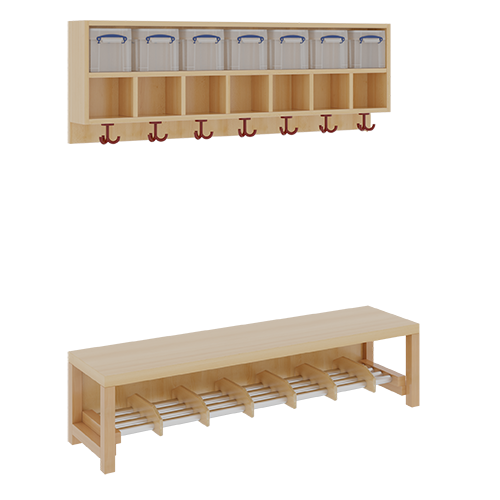 Komplettgarderobe mit doppelter Ablagereihe inklusive Boxen B/T: 140x35 cm, 7 Plätze, Sitzhöhe 26 cm, 2teilig ohne Stütze, Ablage zur Wandmontage, Alurohr-Schuhrost mit Trennungen