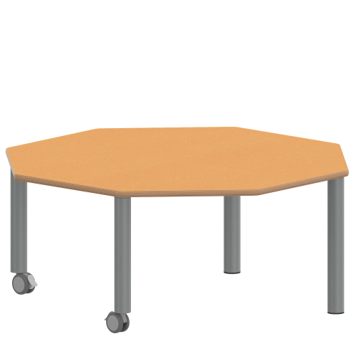 Tisch ZALOTTI mit Linoleum-Belag Achtecktisch, B/H/T: 120x41x120 cm, Stahlrohrbeine Ø 60 mm, Fußvariante: fahrbar, Tischbeine mit RAL-Farbe 9006 (weißaluminium)
