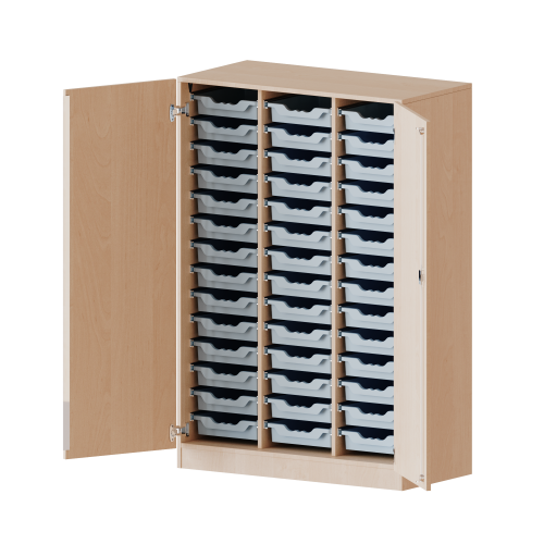 ErgoTray Schrank, dreireihig, 4 Ordnerhöhen - evo180 Serie B/H/T: 104,5x154x50 cm, zweitürig, mit Sockel (81 mm), mit 42 flachen ErgoTray Boxen