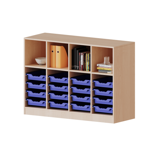 ErgoTray Regal, vierreihig, 2,5 Ordnerhöhen - evo180 Serie B/H/T: 138,7x100x40 cm, fahrbar, oben 4 Fächer, unten 16 flache ErgoTray Boxen