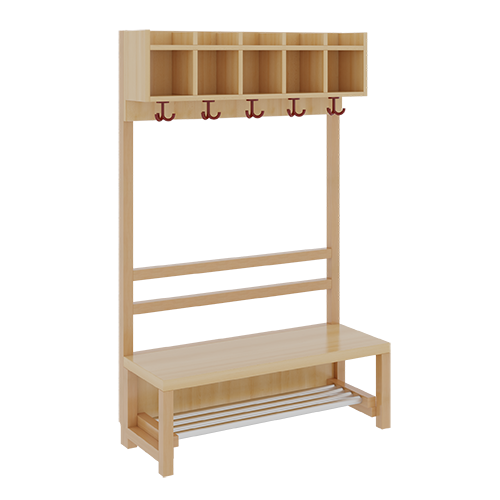 Komplettgarderobe mit einfacher Ablagereihe B/H/T: 100x158x39 cm, 5 Plätze, Sitzhöhe: 42 cm, offene Stütze in Buche-massiv, mit Schuhrost aus Aluminiumrohren