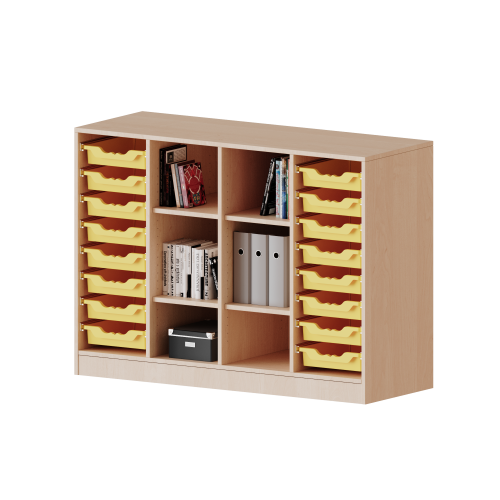 ErgoTray Regal, vierreihig, 2,5 Ordnerhöhen - evo180 Serie B/H/T: 138,7x100x40 cm, mit Sockel (81 mm), rechts und links je 8 flache ErgoTray Boxen, in der Mitte 6 offene Fächer