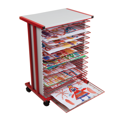 Trockenwagen fahrbar mit 25 Trockengittern DIN A3 B/H/T: 59,5x83x42 cm Gestellfarbe rot, Plattendekor Grau