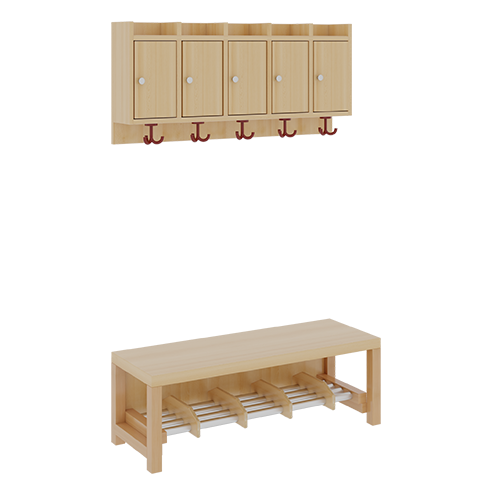 Komplettgarderobe mit Ablagen und Türen B/T: 100x35 cm, 5 Plätze, Sitzhöhe 34 cm, 2teilig ohne Stütze, Ablage zur Wandmontage, Alurohr-Schuhrost mit Trennungen