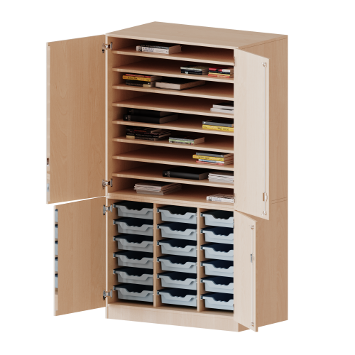 Bastelschrank, 5 Ordnerhöhen - Serie evo180 B/H/T: 104,5x190x65 cm, 4-türiger Schrank mit 18 flachen ErgoTray Boxen, zweiteilig, mit Sockel (81 mm)