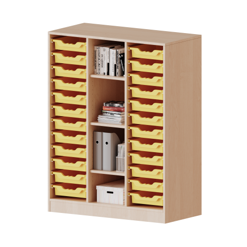 ErgoTray Regal, dreireihig, 3,5 Ordnerhöhen - evo180 Serie B/H/T: 104,5x136x40 cm, mit Sockel (81 mm), rechts und links je 12 flache ErgoTray Boxen, 4 Fächer in der Mitte