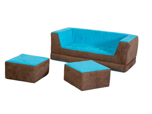 Kinder Klappcouch mit 2 Sesseln 140x50x70 cm, Sitzhöhe: 25 cm, Hocker je 49x49x25 cm, Bezug: Polsterung und Kunstleder schwer entflammbar