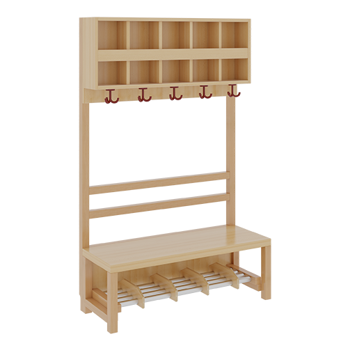 Komplettgarderobe mit doppelter Ablagereihe B/H/T: 100x158x39 cm, 5 Plätze, Sitzhöhe: 34 cm, offene Stütze in Buche-massiv, Schuhrost aus Aluminiumrohren mit Facheinteilungen