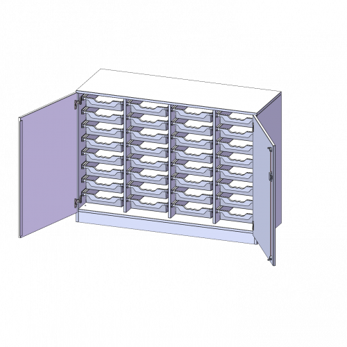 ErgoTray Schrank, vierreihig, 2,5 Ordnerhöhen - evo180 Serie B/H/T: 138,7x100x50 cm, zweiteilig, zweitürig, mit Sockel (81 mm), mit 32 flachen ErgoTray Boxen