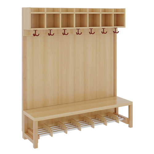 Komplettgarderobe mit einfacher Ablagereihe B/H/T: 140x130x39 cm, 7 Plätze, Sitzhöhe 26 cm, Stütze mit Paneelrückwand in Buche-hell, Alurohr-Schuhrost mit Trennungen