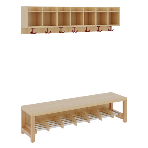 Komplettgarderobe mit einfacher Ablagereihe B/T: 140x35 cm, 7 Plätze, Sitzhöhe 42 cm, 2teilig ohne Stütze, Ablage zur Wandmontage, Alurohr-Schuhrost mit Trennungen