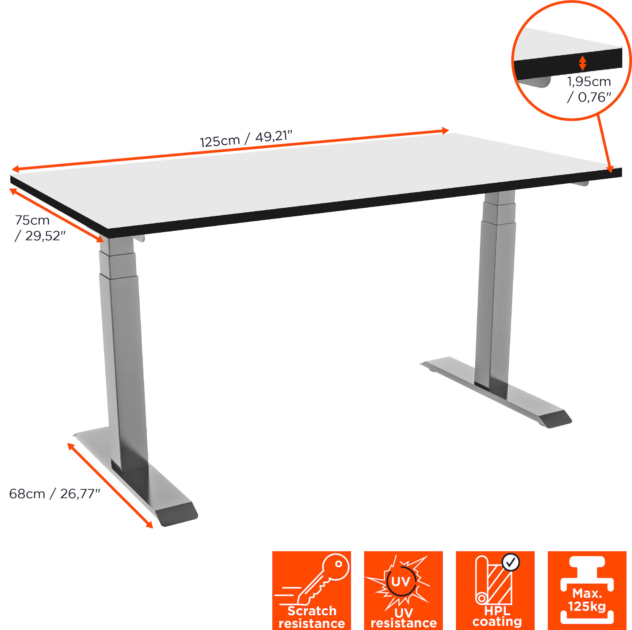 celexon elektrisch höhenverstellbarer Schreibtisch Professional eAdjust-58123 - grau, inkl. HPL Tischplatte 125 x 75 cm