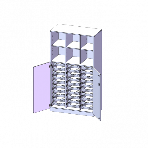 ErgoTray Kombi-Schrank, dreireihig, 5 Ordnerhöhen - evo180 Serie B/H/T: 104,5x190x50 cm, unten 3 OH Türen und 30 flache ErgoTray Boxen, oben 2 OH Regal, Sockel, 2 Mittelwände
