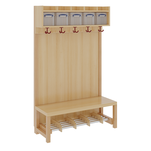 Komplettgarderobe mit einfacher Ablage inklusive Boxen B/H/T: 100x130x39 cm, 5 Plätze, Sitzhöhe 34 cm, mit Paneelrückwand, Schuhrost aus Aluminiumrohren mit Trennungen