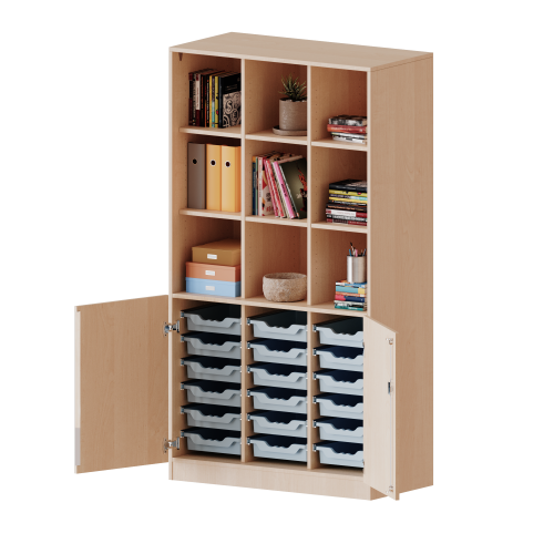 ErgoTray Kombi-Schrank, dreireihig, 5 Ordnerhöhen - evo180 Serie B/H/T: 104,5x190x50 cm, unten 2 OH Türen und 18 flache ErgoTray Boxen, oben 3 OH Regal, Sockel, 2 Mittelwände