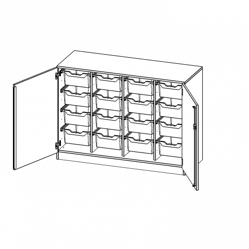 ErgoTray Schrank, vierreihig, 2,5 Ordnerhöhen - evo180 Serie B/H/T: 138,7x100x50 cm, zweiteilig, zweitürig, mit Sockel (81 mm), mit 16 hohen ErgoTray Boxen