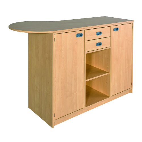 Anmeldestation B/H/T: 170/140x110x50/70 cm, Ansatz links, Raumteiler mit Beratungsansatz, aus feuerhemmendem Material - Dekor Buche