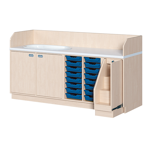 Wickelkommode, dreireihig zuzüglich Badewanne B/H/T: 213x113x91,5 cm, Ausziehbarer Aufstieg rechts, 16 Boxen und Badewanne links