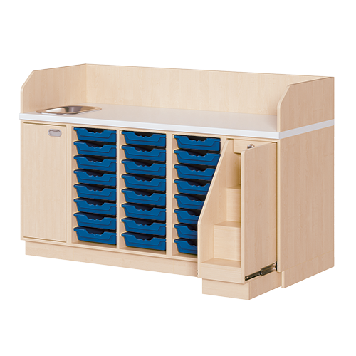 Wickelkommode, vierreihig zuzüglich Waschbecken B/H/T: 179x113x71,5 cm, Ausziehbarer Aufstieg rechts, 24 Boxen und Waschbecken links