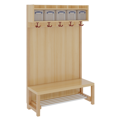 Komplettgarderobe mit einfacher Ablage inklusive Boxen B/H/T: 100x130x39 cm, 5 Plätze, Sitzhöhe: 26 cm, Stütze mit Paneelrückwand in Buche-hell, mit Schuhrost aus Aluminiumrohren