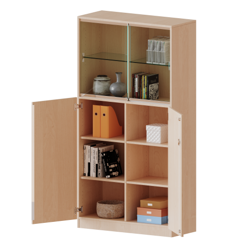 Kombischrank, 5 Ordnerhöhen, Drehtüren unten (3 OH), Glasschiebetüren oben (2 OH) - Serie evo180 B/H/T: 120x190x40 cm, alle Türen abschließbar, mit Sockel (81 mm)