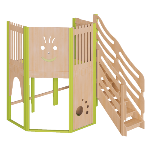 Spielburg, komplett in großer Höhe B/H/T: 228x240x252 cm, 2seitig wandmontiert, mit Schräge im Grundriß, Treppe als Aufgang