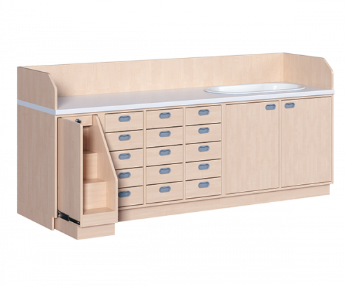 Wickelkommode, vierreihig zuzüglich Badewanne B/H/T: 249x113x91,5 cm, Ausziehbarer Aufstieg links, 15 Schübe und Badewanne rechts