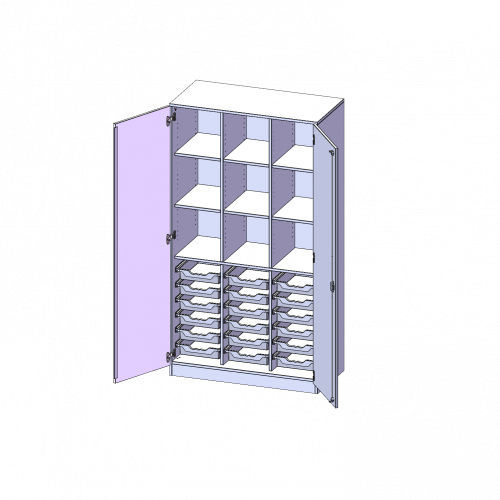 ErgoTray Schrank, dreireihig, 5 Ordnerhöhen - evo180 Serie B/H/T: 104,5x190x50 cm, zweitürig, mit Sockel (81 mm), mit 2 Mittelwänden, mit 18 flachen ErgoTray Boxen