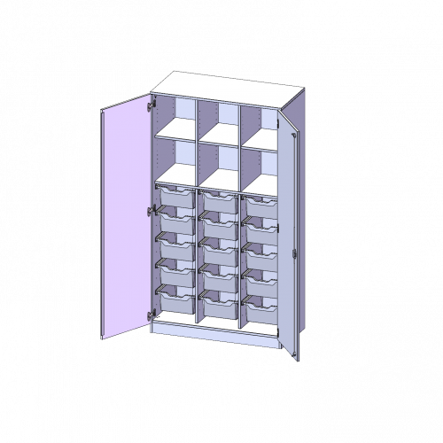 ErgoTray Schrank, dreireihig, 5 Ordnerhöhen - evo180 Serie B/H/T: 104,5x190x50 cm, zweitürig, mit Sockel (81 mm), mit 2 Mittelwänden, mit 15 hohen ErgoTray Boxen