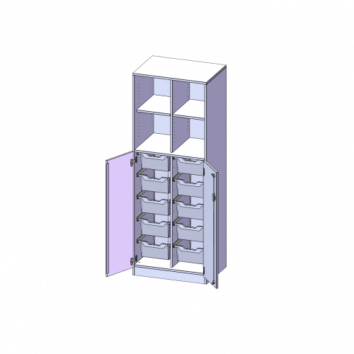 ErgoTray Kombi-Schrank, zweireihig, 5 Ordnerhöhen - evo180 Serie B/H/T: 70,3x190x50 cm, unten 3 OH Türen und 10 hohe ErgoTray Boxen, oben 2 OH Regal, Sockel, mit Mittelwand