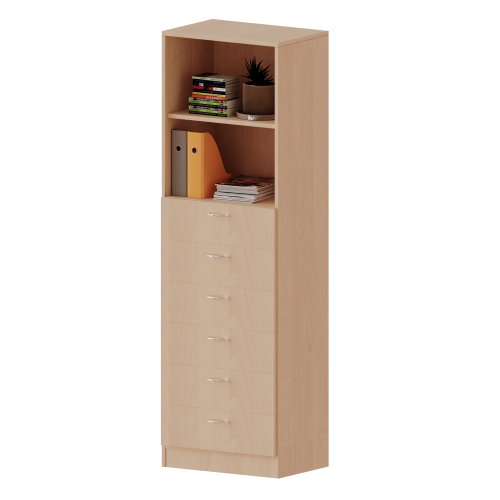 Schubladen - Kombischrank, 5 Ordnerhöhen - Serie evo180 B/H/T: 60x190x40 cm, 6 Schubladen unten, oben 2 offene Fächer, mit Sockel (81 mm)