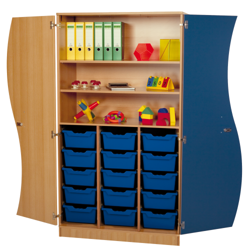 Hochschrank mit Wellentüren, 15 hohe ErgoTray Boxen & 2 Einlegeböden B/H/T: 104,5x190x50 cm, Türen Farbe Grau