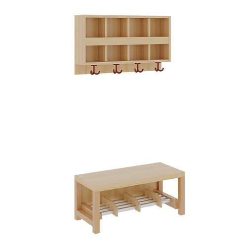 Komplettgarderobe mit doppelter Ablagereihe B/T: 80x35 cm, 4 Plätze, Sitzhöhe 26 cm, 2teilig ohne Stütze, Ablage zur Wandmontage, Alurohr-Schuhrost mit Trennungen