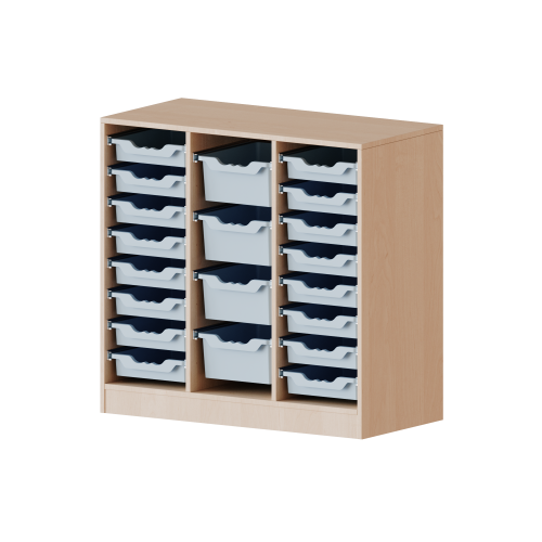 ErgoTray Regal, dreireihig, 2,5 Ordnerhöhen - evo180 Serie B/H/T: 104,5x100x50 cm, fahrbar, rechts und links je 8 flache, in der Mitte 4 hohe ErgoTray Boxen