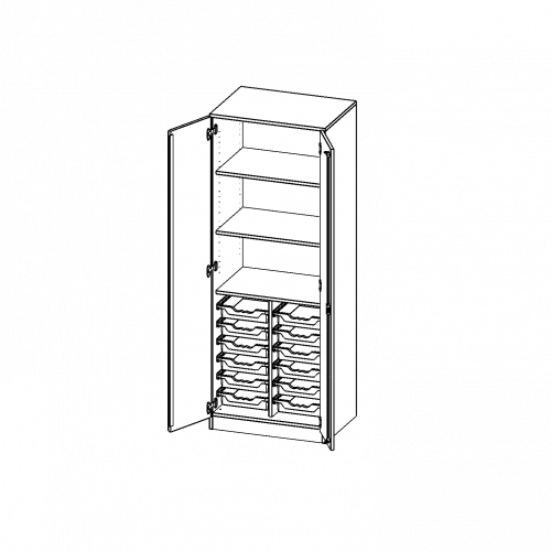ErgoTray Schrank, zweireihig, 5 Ordnerhöhen - evo180 Serie B/H/T: 70,3x190x50 cm, zweitürig, mit Sockel (81 mm), mit 12 flachen ErgoTray Boxen