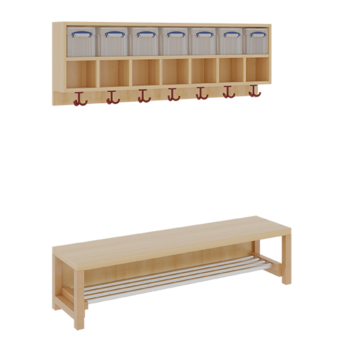 Komplettgarderobe mit doppelter Ablagereihe inklusive Boxen B/T: 140x35 cm, 7 Plätze, Sitzhöhe 42 cm, 2teilig ohne Stütze, Ablage zur Wandmontage, mit Alurohr-Schuhrost