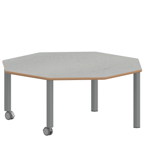 Tisch ZALOTTI mit Linoleum-Belag Achtecktisch, B/H/T: 120x41x120 cm, Stahlrohrbeine Ø 60 mm, Fußvariante: fahrbar, Tischbeine mit RAL-Farbe 9006 (weißaluminium)