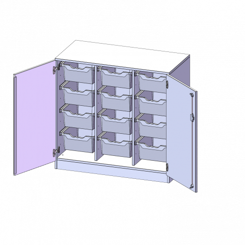 ErgoTray Schrank, dreireihig, 2,5 Ordnerhöhen - evo180 Serie B/H/T: 104,5x100x50 cm, zweitürig, mit Sockel (81 mm), mit 12 hohen ErgoTray Boxen